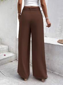 Serisse Paperbag Waist Belted Straight Bow Tie Wide Leg Pants - Brown - View 10