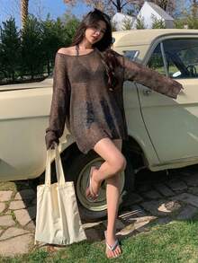 DAZY Women's Solid Color Batwing Loose Cover Up Beach Vacation - Coffee Brown - View 2