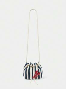 SHECARRY Ladies Fashion Personalized Spring And Summer Blue And White Striped Beaded Sequins Lobster Decorative Drawstring Bucket Bag, Crossbody Bag, Top Handle Bag, Nautical Style, Light And Casual, Suitable For Summer Vacation, Seaside Beach And Daily Use - Blue - View 3
