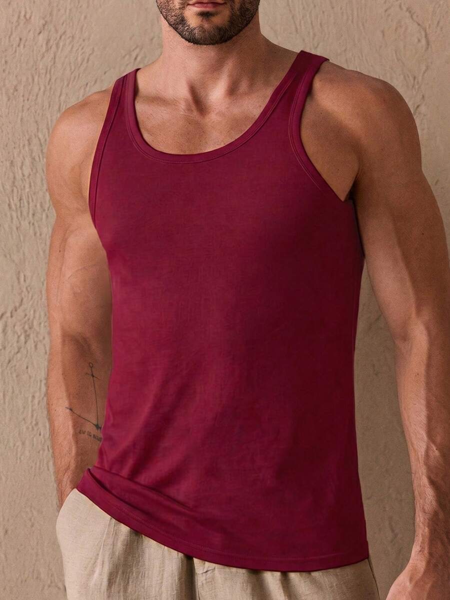 HIMLAND Men's Slim Fit Ribbed Tank Top . Soft Stretchy Knit Fabric, Crew Neck, Sleeveless Design. Breathable & Comfortable For Gym, Casual Outings, Football - Burgundy - View 1