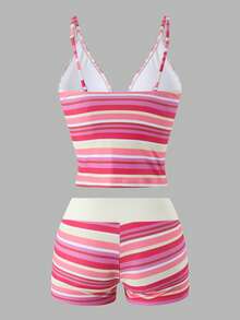 Swim Vcay Bộ bikini hai dây dáng lửng, họa tiết sọc nhiều màu sắc, kiểu dáng mới năm 2026 dành cho nữ, thích hợp cho kỳ nghỉ hè ở bãi biển, kèm nơ thắt eo, và cạp thấp. - Nhiều màu - Xem 2
