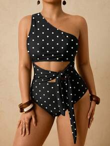 Travachic Retro Polka Dot Tie-Up Plus Size One-Piece Swimsuit Bathing Suits For Women One Piece Swimsuit Women - Multicolor - View 3