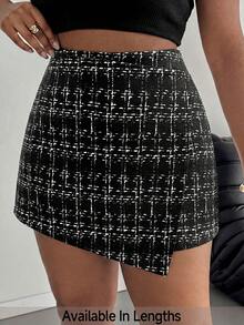 SHEIN PETITE CURVE CURVE 大尺碼女款黑白格紋 A 字迷你裙，高腰小個子休閒裙，優雅辦公正式穿著，秋季度假 - 黑色 - 查看 3