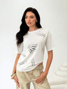 BiGraphic Women's White Summer Safety Pin Printed Casual Loose T-Shirt, Versatile For Commuting, Shopping, Afternoon Tea - White - View 3