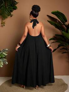 Maweii Plus Size Women's Black Summer Tropical Vacation Dress,Tie-Up Halter Neck Bow Open Back Flared Skirt,Elastic Waist Casual High-End Solid Color Fabric - Black - View 2