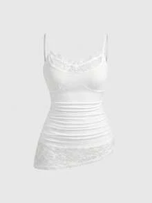 ROMWE Goth Áo hai dây dài và áo tank top cỡ lớn, gợi cảm, phối ren hình bướm, tối giản, đa năng. - trắng - Xem 1