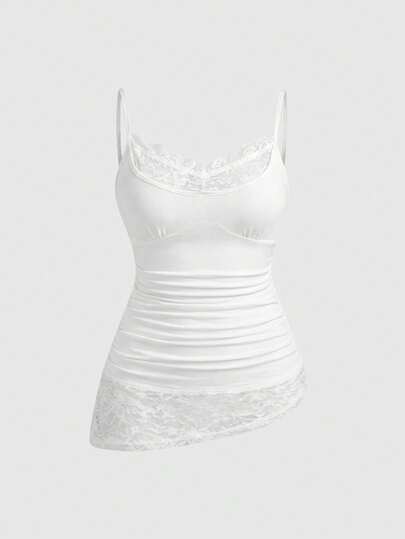 ROMWE Goth Plus Size Sexy Butterfly Lace Patchwork Minimalist Versatile Long Camisole And Tank Top