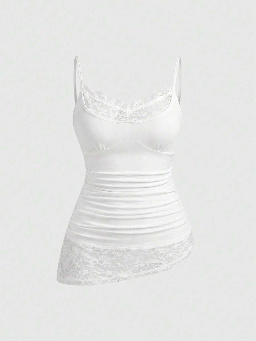 ROMWE Goth Áo hai dây dài và áo tank top cỡ lớn, gợi cảm, phối ren hình bướm, tối giản, đa năng. - trắng - Xem 1