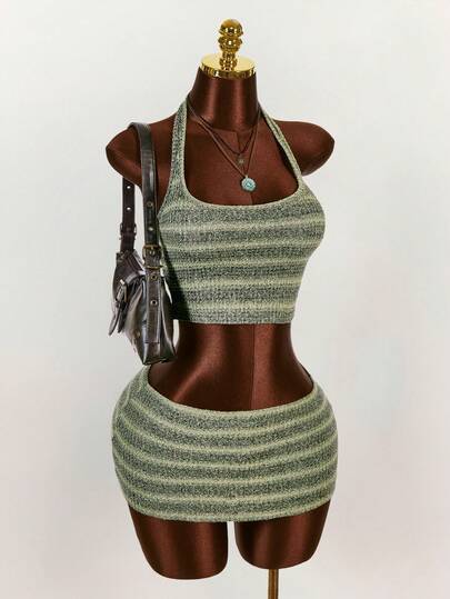 Amplova Women's Color Block Halter Top And Mini Skirt Sexy Date Night Outfit