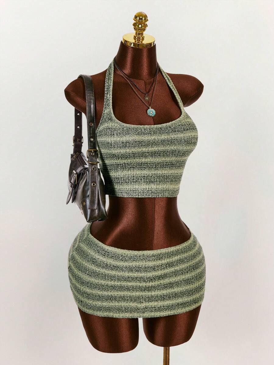 Amplova Women's Color Block Halter Top And Mini Skirt Sexy Date Night Outfit - Green - View 1