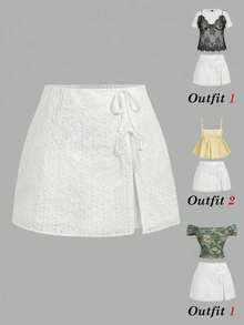 SHEIN MOD 大码女式提花系带蝴蝶结开衩裙 - 白色 - 查看 9