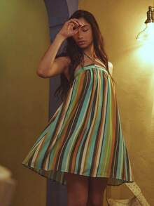 MUSERA Stripe Halterneck Flowy Mini Summer Dress Spring Summer Cosy Cute Daily Girly Vacation Sunlight Social - Brown - View 2