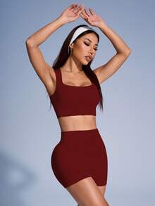 BamGleam Ensemble de soutien-gorge de sport et shorts côtelés de couleur unie pour femmes, tenue de sport - Rouge foncé - Voir 4