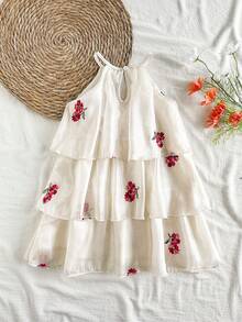 SHEIN Vintaside Kids 女童甜美森系网纱荷叶边领无袖A字公主裙 - 白色 - 查看 2