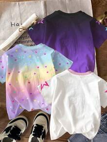 3pcs/Set Young Girl Cartoon Character Print Colorful Gradient Short Sleeve Basic T-Shirts, Suitable For Spring And Summer, Featuring K-Pop Superstars - Multicolor - View 2