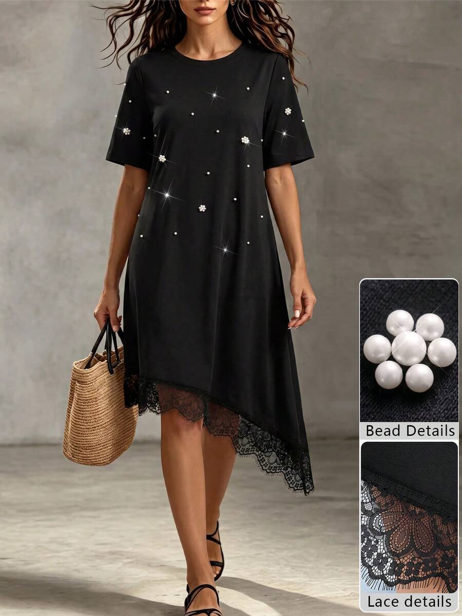 Lacomfia Women's Black Summer Elegant Tea Party Dress,Boat Neck Bubble Bead & Lace Trim Knit Mid-Length Casual Dress,Pearl Pin New Arrival Goth Style Dress