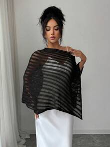 Elenzga Shawl Collar Asymmetric Shoulder Loose Striped Hollow Textured Fashionable Sexy Women Sweater - Black - View 7