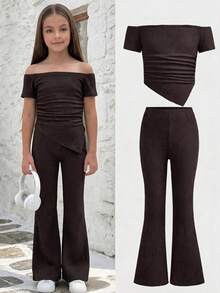 Girlism Bộ đồ 2 mảnh cho bé gái tuổi teen, màu nâu, kiểu áo lệch vai, quần ống loe, chất liệu dệt jacquard, gấu quần bất đối xứng, thích hợp mặc hàng ngày khi đi nghỉ mát, mùa xuân/hè. - màu nâu - Xem 3