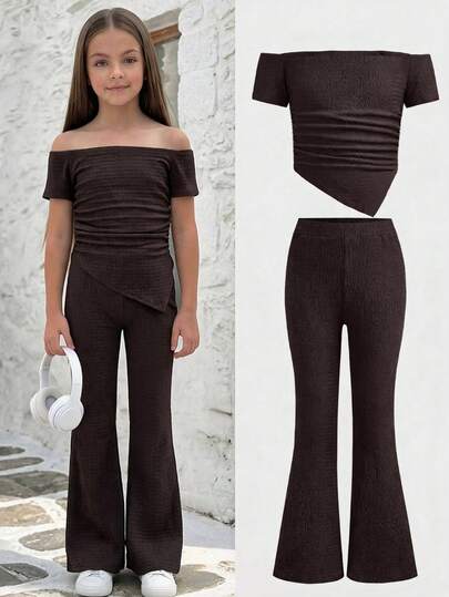 Girlism Conjunto de 2 piezas para niñas preadolescentes, traje de pantalón acampanado de un hombro en marrón, jacquard de punto con bajo asimétrico, uso casual de vacaciones y diario, primavera/verano