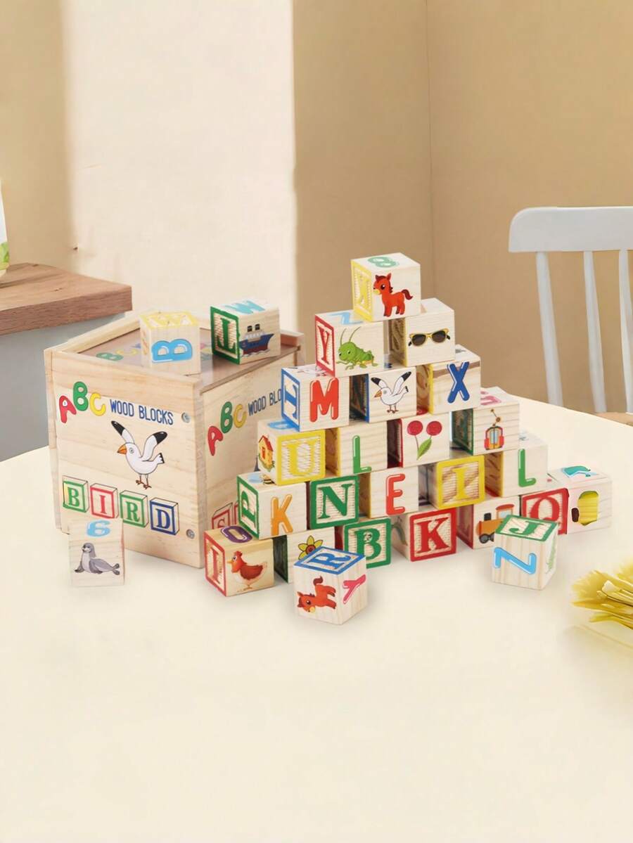 Wooden 27-Piece Colorful ABC Printed Large Building Block Set, Letter And Number Recognition Cube Building Block Creative Assembly Word Spelling Building Block Toy Set, Suitable For Boys And Girls Early Education Interactive Toy Building Block Set - Multicolor - View 1
