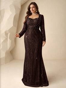 Coutiva Gaun Malam Formal Elegan Musim Dingin Ukuran Besar Warna Cokelat, Leher Persegi, Bordir Mutiara dan Rhinestone, Lengan Panjang, Model Duyung, Gaun Pesta untuk Tamu Pernikahan dan Prom - Coffee Brown - View 5