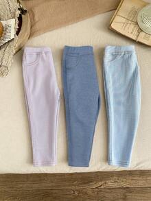 SHEIN LMoss Kids LMoss 女童三件套纯色针织打底裤休闲套装 - 淡紫色 - 查看 4