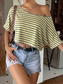 SHEIN EZwear Áo thun dệt kim sọc vàng dáng rộng lệch vai dành cho nữ - Vàng nhạt - Xem 3