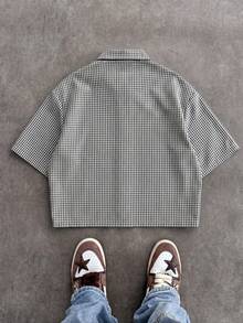 SWAVVY Chemise décontractée à manches courtes avec boutons et imprimé à carreaux brodé pour hommes - Noir et Blanc - Voir 3