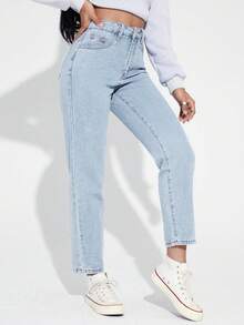 Rivivi Quần jean denim ống côn dáng suông thời trang thường ngày dành cho nữ cỡ lớn - Xanh và trắng - Xem 3