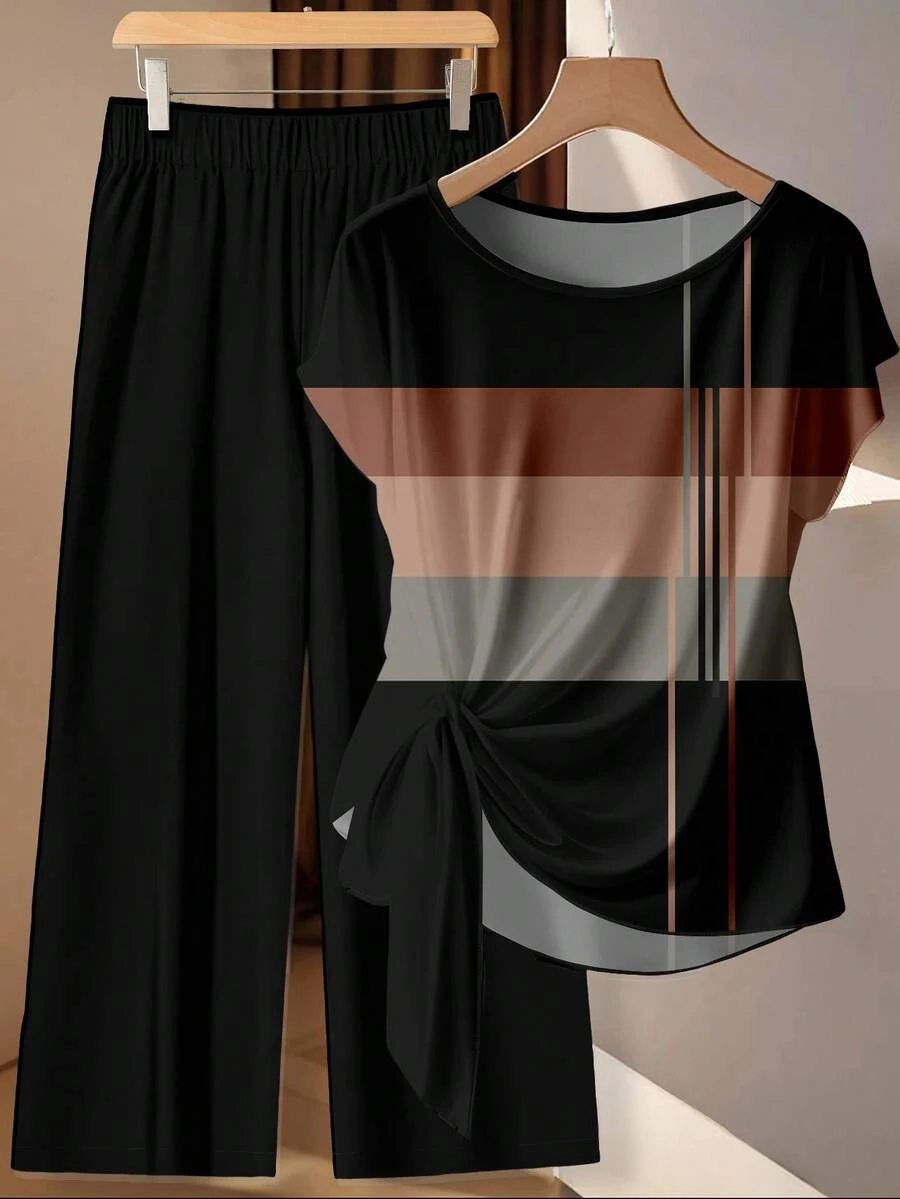 SHEIN VCAY 2pcs Casual Minimalist Colorblock Striped Print Tie Bow Blouse & Loose Straight Leg Pants Set, Suitable For Spring/Summer - Multicolor - View 1