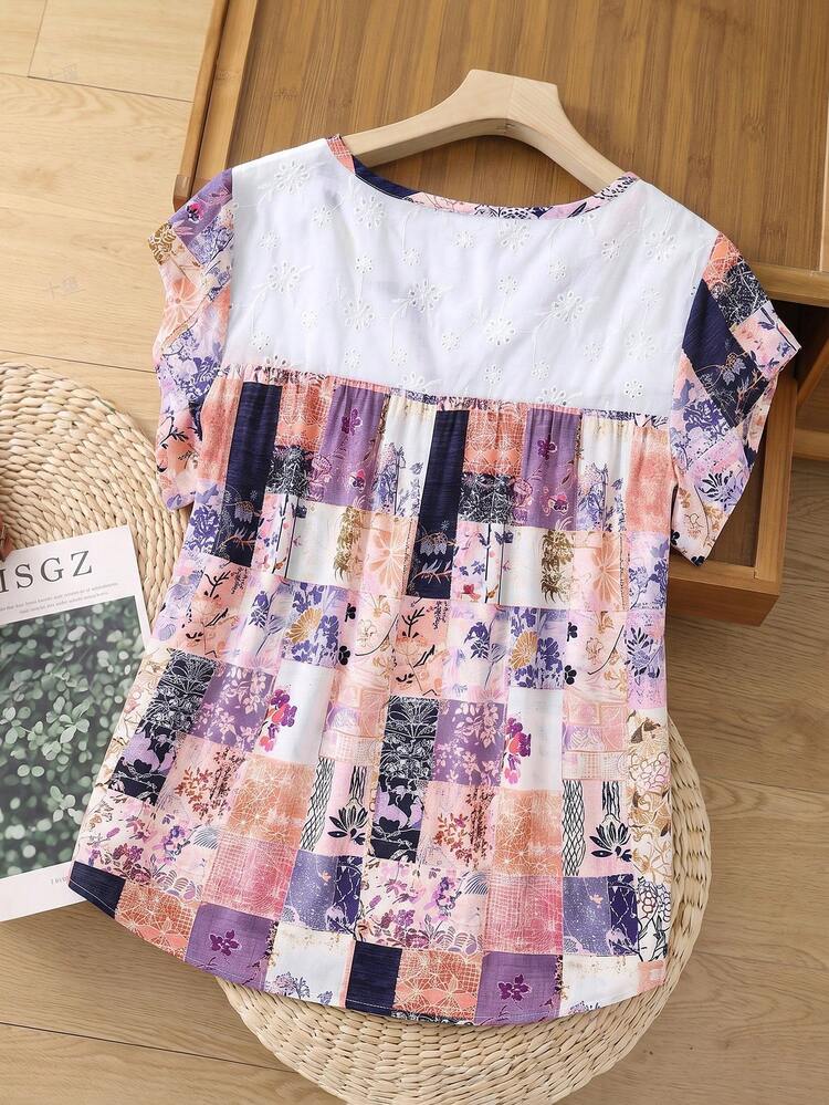 Plus Size Women Vacation Patchwork Pattern V-Neck Casual Shirt