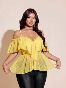 Viva Relle Áo camisole kiểu blouse size lớn màu trơn gợi cảm viền bèo nhún - Vàng nhạt - Xem 2