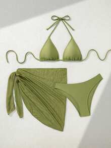Swim Vcay Conjunto de Maiô Feminino Três Peças Estilo Europeu e Americano Sexy com Costas Abertas para Primavera e Verão, Roupa de Praia Feminina Cor Sólida com Decote Halter e Amarração nas Costas, Saia de Tela da Moda, Design Moderno e Sexy, Adequado para Praia, Lua de Mel e Férias, Conjunto de Maiô Bikini - Verde - Visão 5