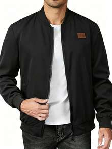 Manfinity Homme Men's Zip-Up Collar Casual Baseball Jacket With Embroidery Design, Long Sleeve - Black - View 3