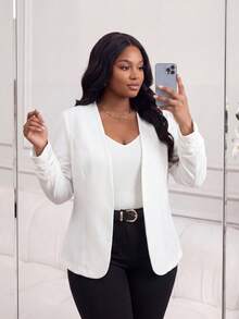 SHEIN Lady CURVE Áo khoác dài tay đơn giản hàng ngày màu trơn cỡ lớn cho nữ, trang phục công sở thường ngày cho nữ - trắng - Xem 6