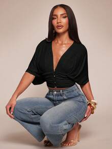 Radiana Camisa de mujer de manga corta negra de lino con mangas de murciélago, adecuada para salidas casuales, compras, viajes al trabajo, oficina, vacaciones y días festivos - Negro - Ver 2