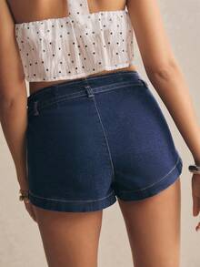 Poéselle Quần short denim nữ kiểu dáng thường ngày có thắt lưng, thích hợp cho mùa hè. - Màu xanh lam - Xem 2