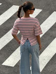 Muchica Striped Print Round Neck Casual Knit Women Short Sleeve T-Shirt, Spring/Summer - Multicolor - View 2