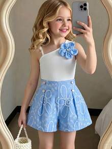 Souflis Souflis Summer Young Girls' Outfit,Cute 3D Flower White Ribbed Tank Top + High Waist Pearl Beaded Jacquard Shorts 2-Piece Set,Comfortable Casual INS Style - Multicolor - View 3
