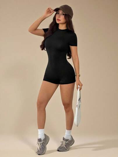 SHEIN PETITE Snatched Cap Sleeve Unitard Playsuit Basic Spring Summer Cute Casual Vacation Holiday Concert Fall Back To School Autumn Winter Office Work Elegant