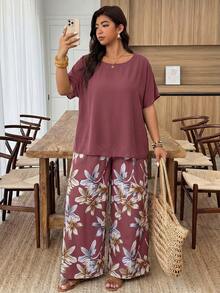 SHEIN CURVE+ Curve 尺码 US22 音乐节、海滨度假、波西米亚风两件套女士度假宽松衬衫和碎花长裤套装 夏季套装 - 彩色 - 查看 3