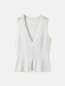 lacRébo Áo cotton trắng dệt kim mỏng cổ chữ V cài cúc phía trước, kiểu dáng dễ thương, thanh lịch theo phong cách Pháp, thích hợp mặc đi nghỉ mát, đi biển, mùa hè hoặc mặc thường ngày. - Màu be - Xem 7