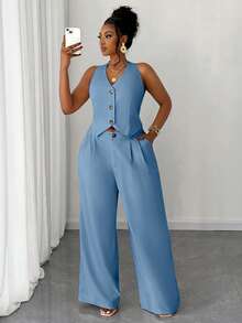 Maweii Conjunto de 2 piezas para mujer talla grande: Chaleco corto de unicolor y pantalones de pierna ancha - Azul - Ver 3