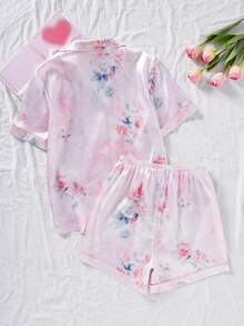 SHEIN Girls Elegant Pink Floral Print Collared Long Sleeve & Pants 2 Pieces Pajama Set, Comfortable Loungewear - Multicolor - View 2