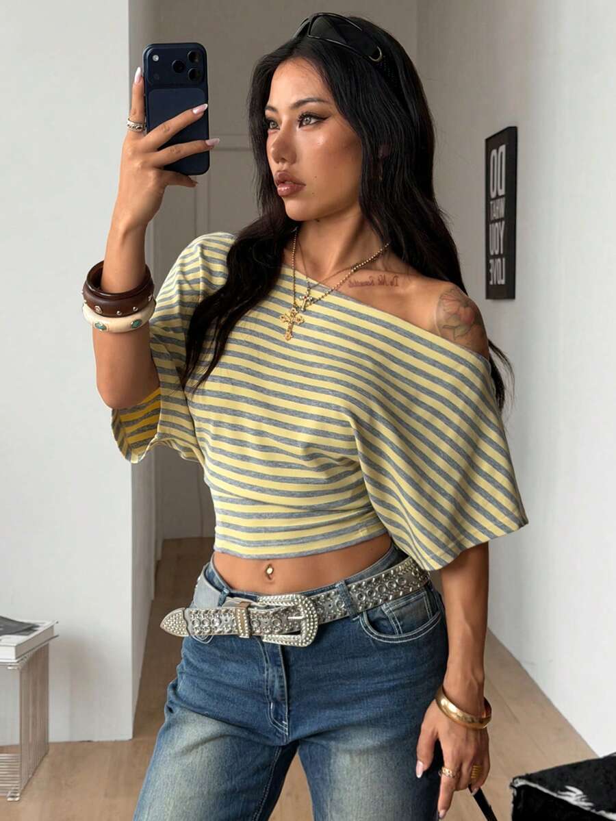Coolane 夏季女装街头休闲复古外出音乐会锐舞Y2K基础日常穿搭不对称肩部收腰T恤,条纹T恤 - 彩色 - 查看 1