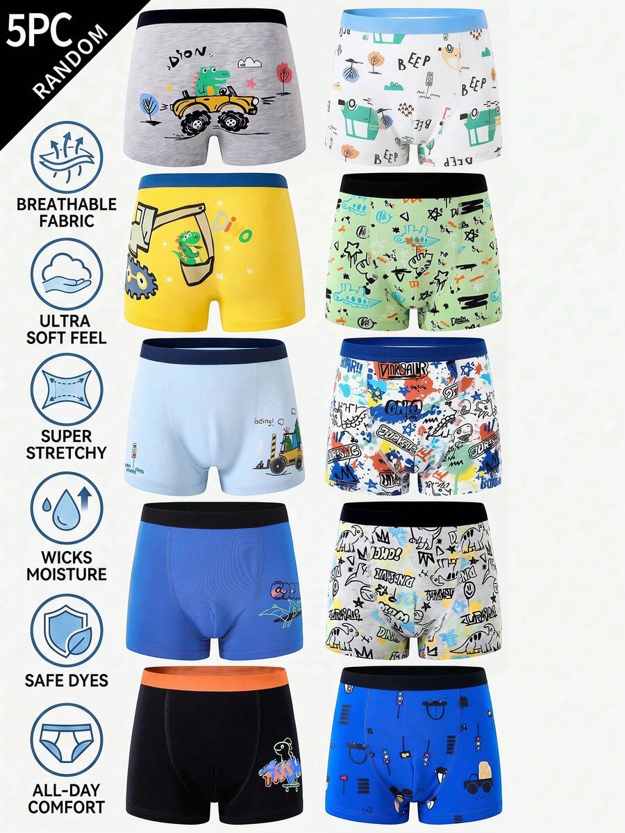 5pcs/Pack Boys' Comfortable Dinosaur & Excavator Printed Briefs Underwear