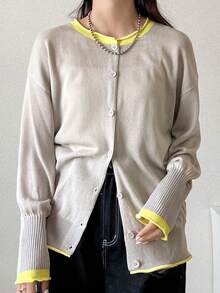 FRIFUL Women's Summer New Colorblock Long Sleeve Loose Casual Versatile Thin Cardigan - Grey - View 6