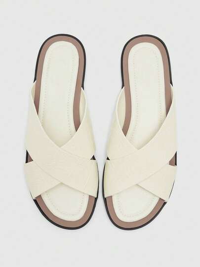 MOTF EUROPEAN STATION NEW FASHION CASUAL CRISS-CROSS PEEP TOE STONE TEXTURE FLAT SLIPPERS, COMFORTABLE SLIP-ON SLIP-ON, NON-SLIP DURABLE, BREATHABLE, VACATION STYLE ONE-STRAP SANDALS
