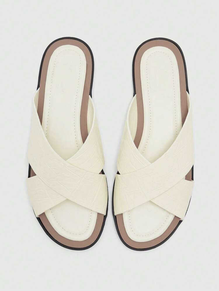 EUROPEAN STATION NEW FASHION CASUAL CRISS-CROSS PEEP TOE STONE TEXTURE FLAT SLIPPERS, COMFORTABLE SLIP-ON SLIP-ON, NON-SLIP DURABLE, BREATHABLE, VACATION STYLE ONE-STRAP SANDALS