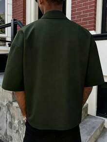 PAVTROS Men's Casual Solid Color Front Button Short Sleeve Shirt, Summer, Formal - Green - View 2